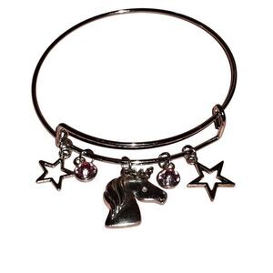 Silver Pink Crystal Unicorn Charm Bangle Adjustable Bracelet